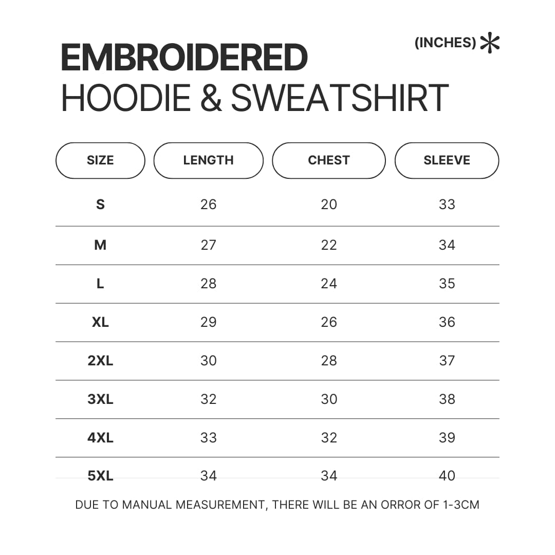 Embroidered Hoodie Sweatshirt Size Chart - Fourth Wing Store