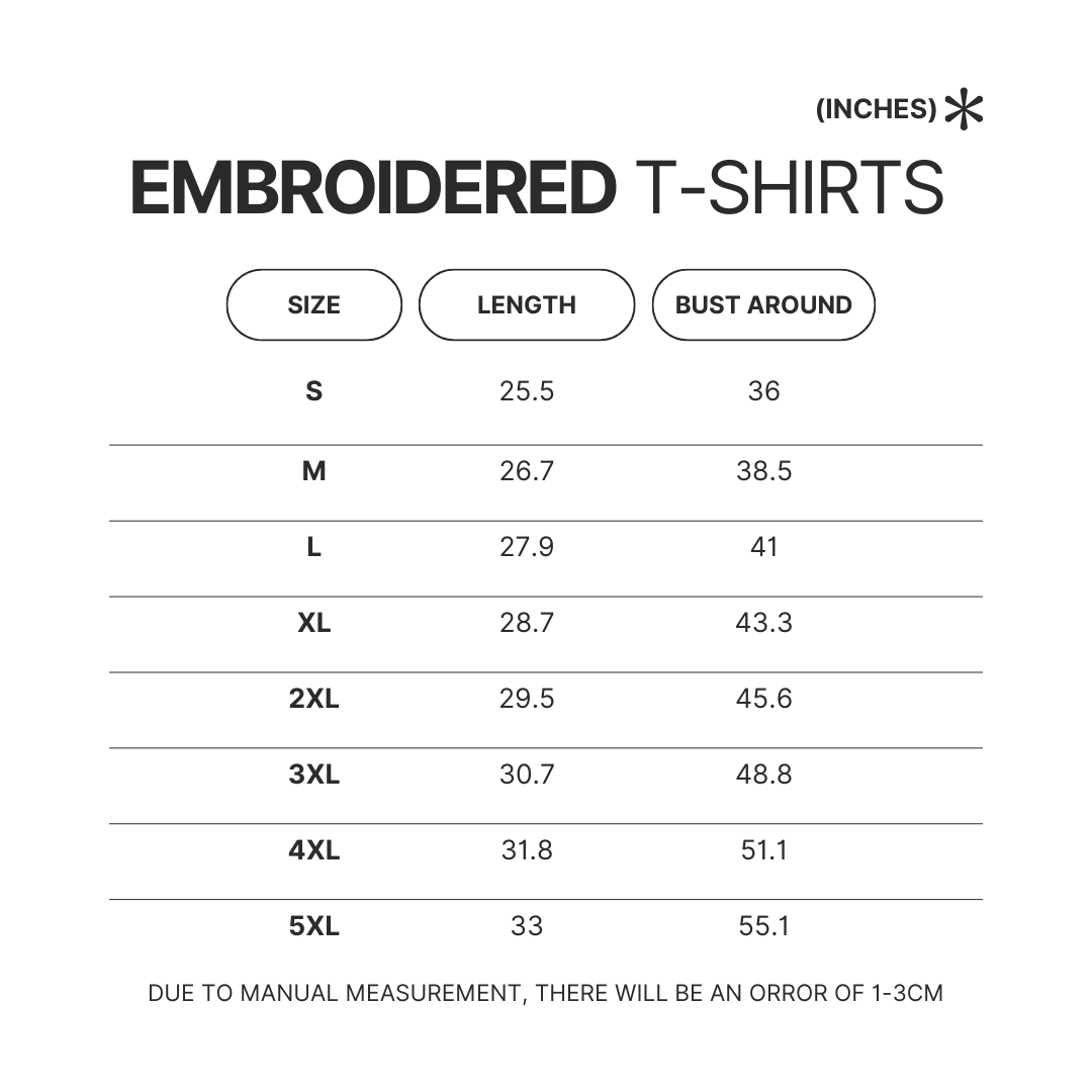 Embroidered T shirt Size Chart - Fourth Wing Store